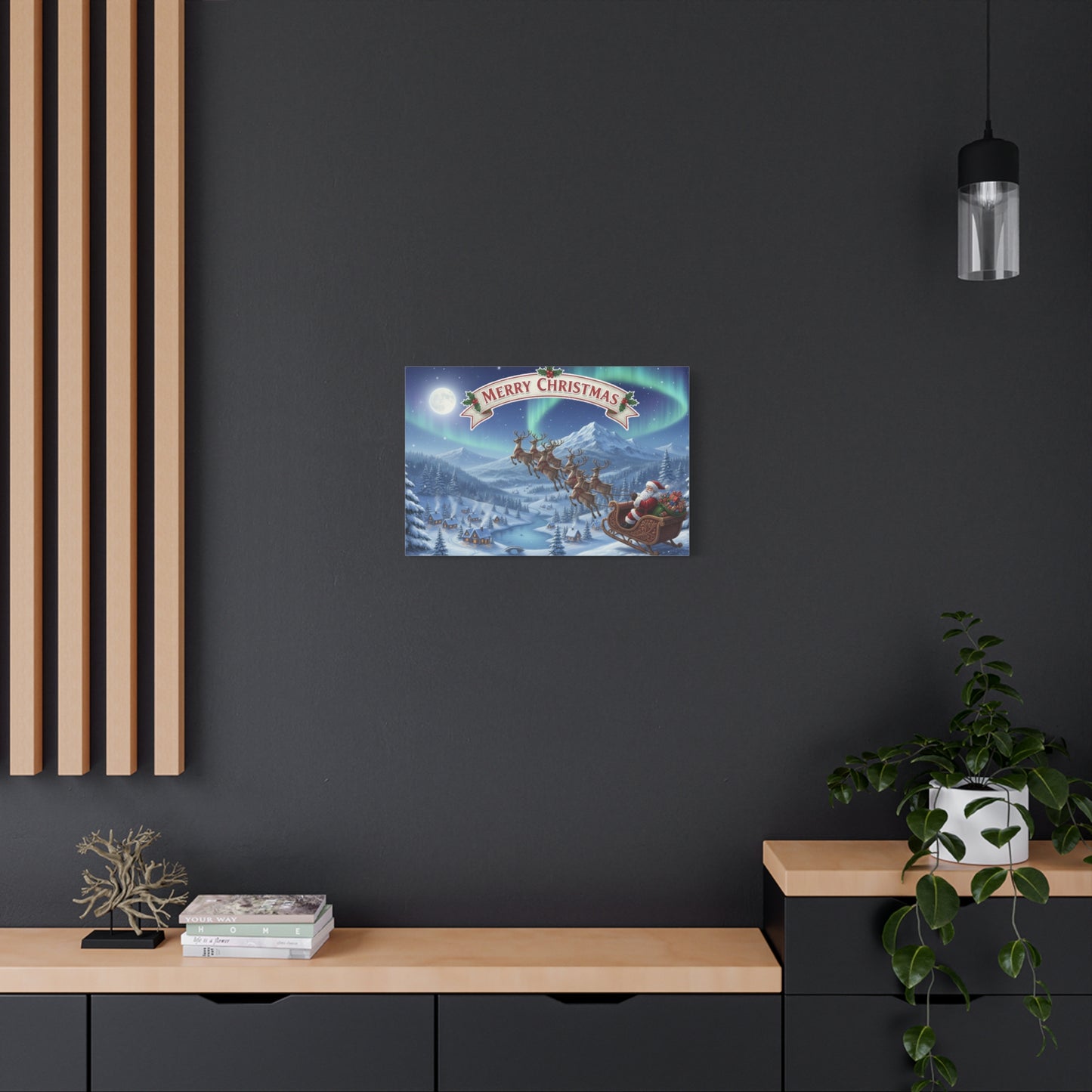 Merry Christmas Canvas Wall Art — Santa Sleigh over Snowy Village