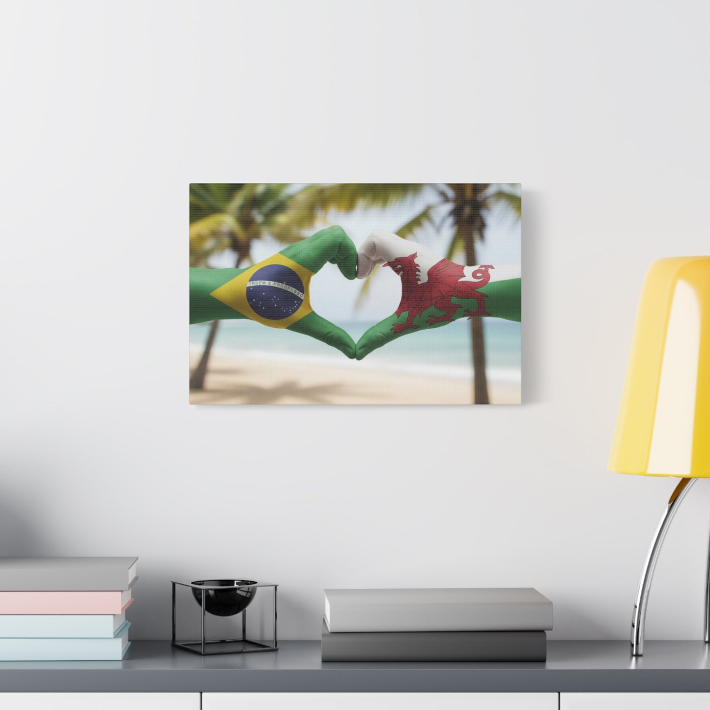 Brazil & Wales Flag Heart Matte Canvas Wall Art — Romantic Beach Pride Decor
