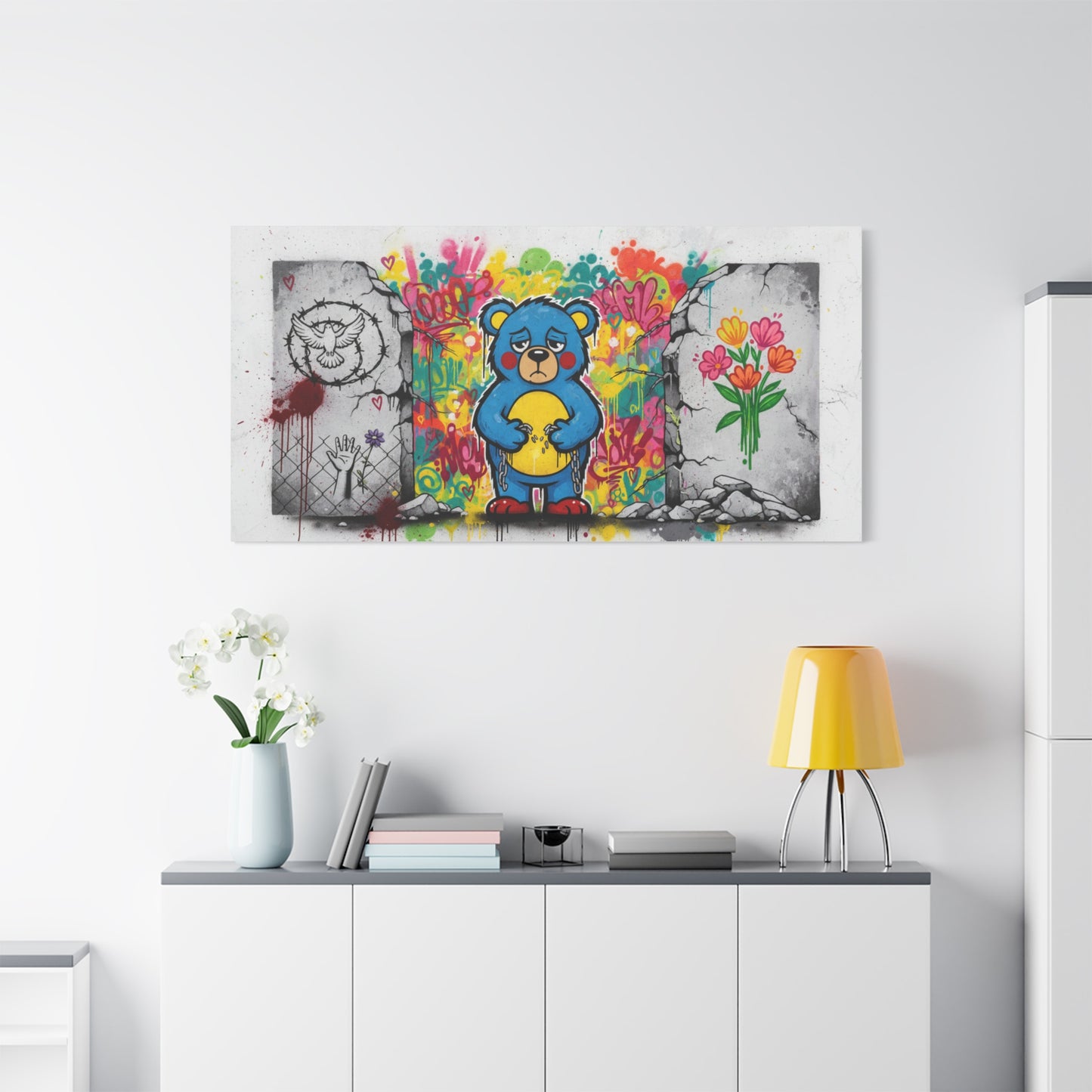 Graffiti Blue Bear Matte Canvas Print — Urban Street Art Wall Decor