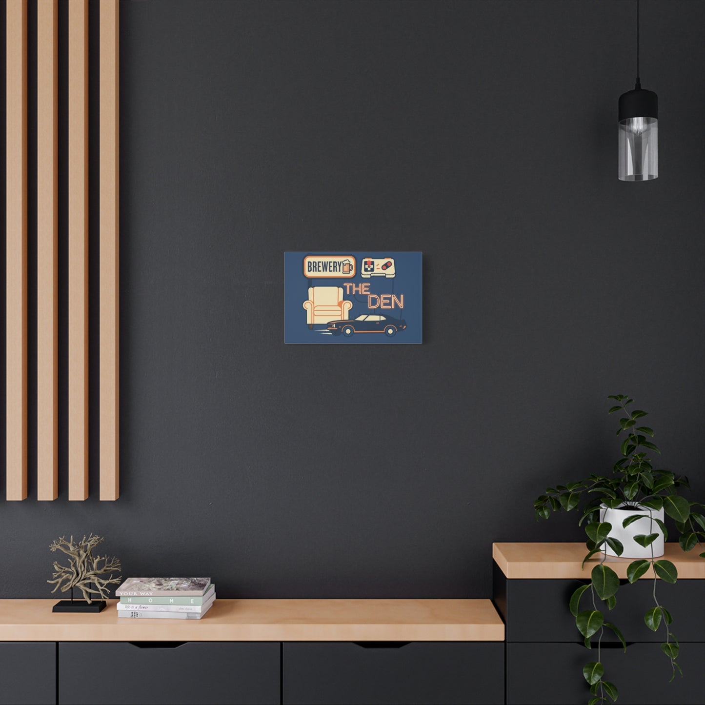 The Den Canvas Wall Art – Retro Brewery, Armchair & Classic Car Matte Print