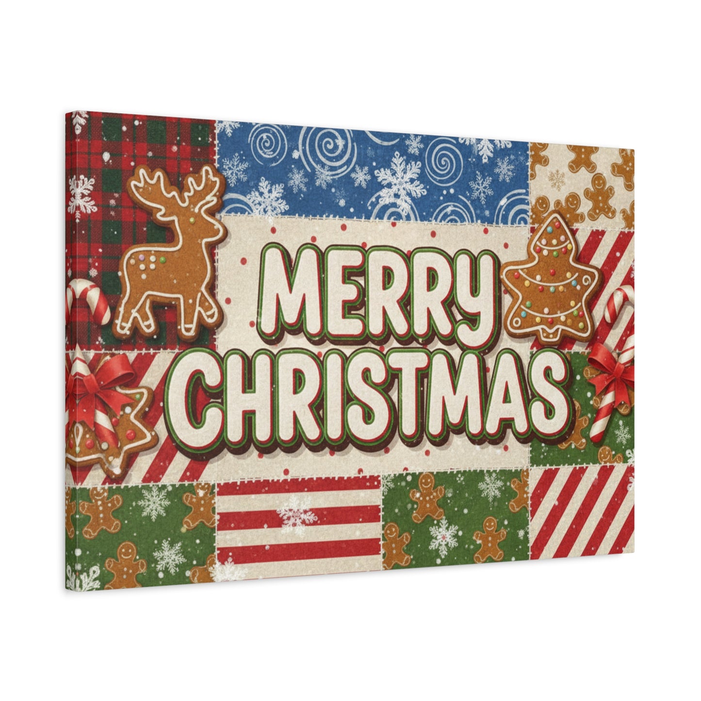 Merry Christmas Holiday Patchwork Canvas Wall Art — Festive Gingerbread & Reindeer