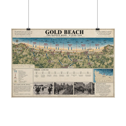 Gold Beach D-Day Map Poster — Rolled Historical Print (6 June 1944 Timeline & Photographs)