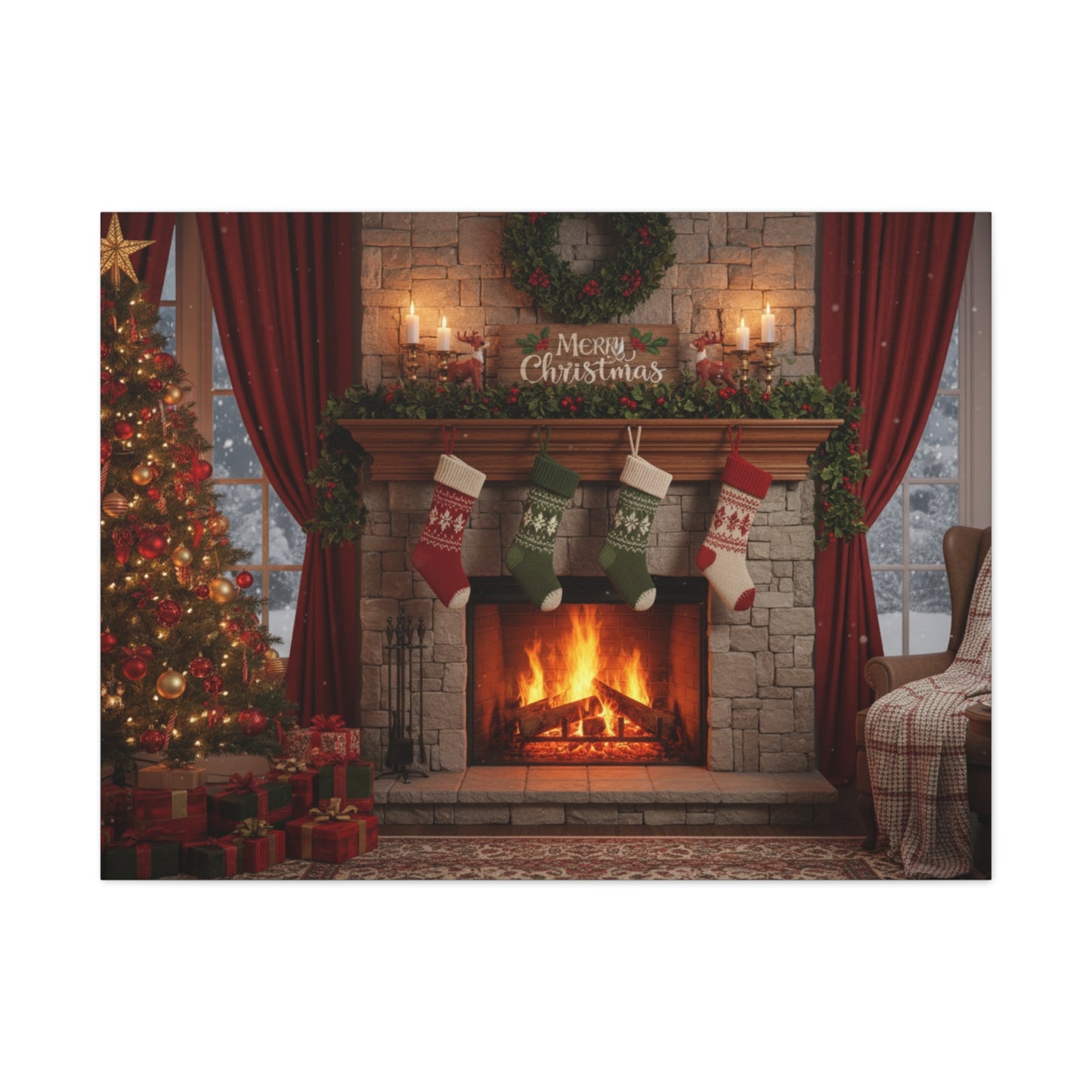 Christmas Fireplace Canvas Wall Art — 'Merry Christmas' Holiday Mantel Scene