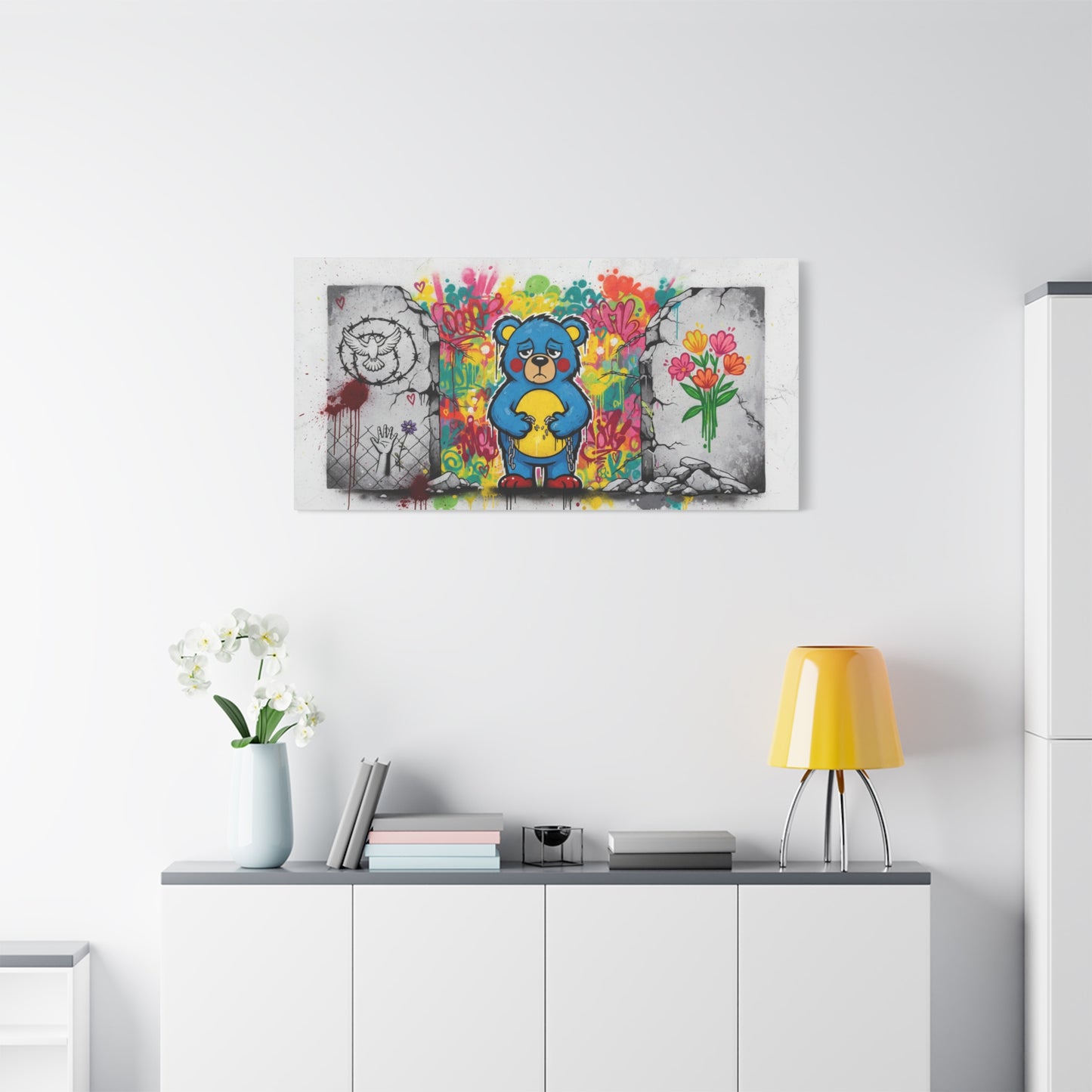 Graffiti Blue Bear Matte Canvas Print — Urban Street Art Wall Decor