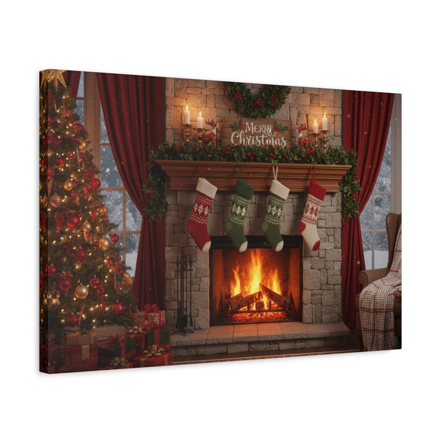 Christmas Fireplace Canvas Wall Art — 'Merry Christmas' Holiday Mantel Scene