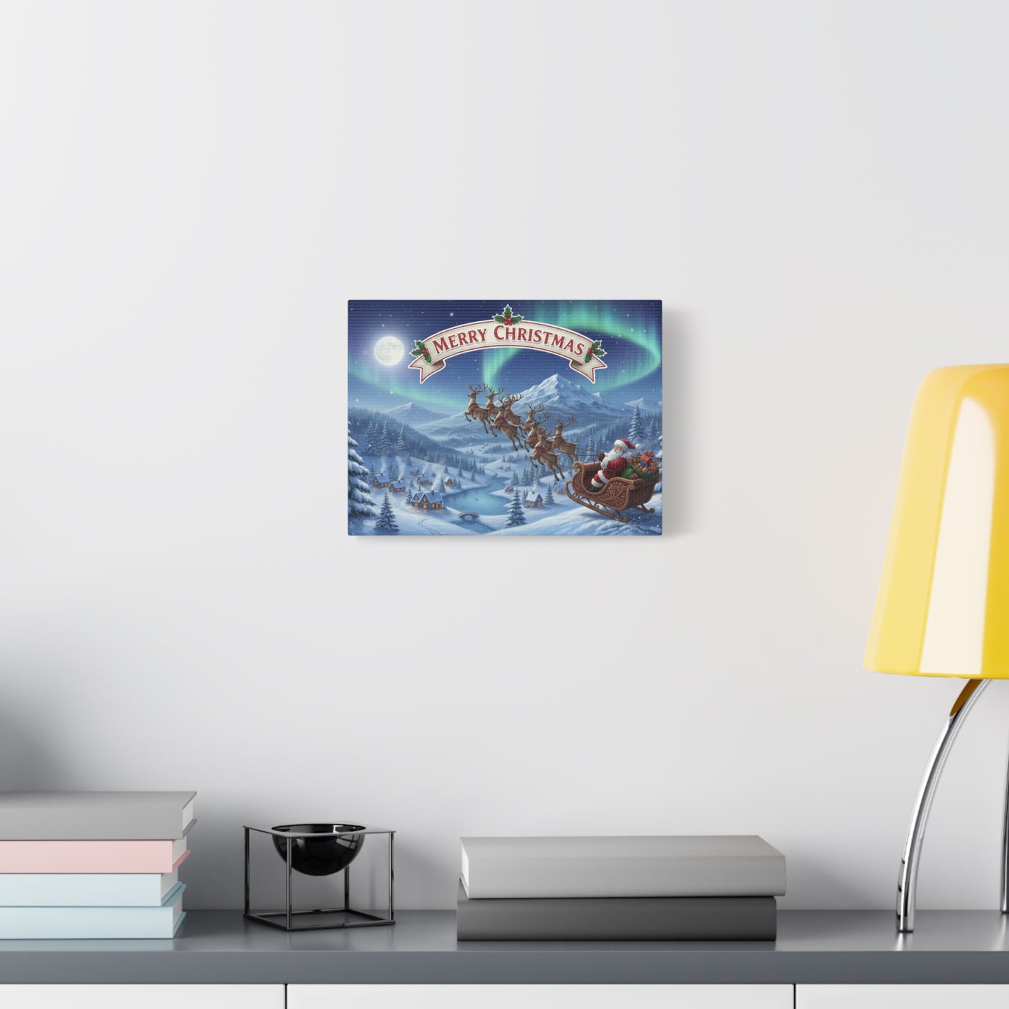 Merry Christmas Canvas Wall Art — Santa Sleigh over Snowy Village