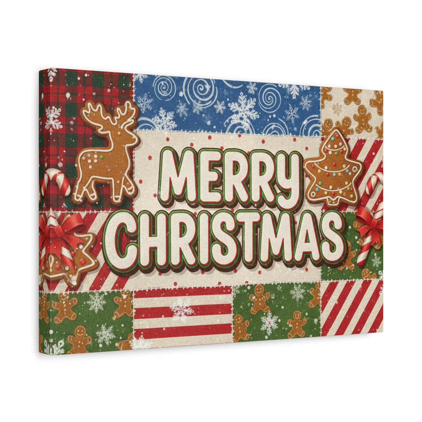 Merry Christmas Holiday Patchwork Canvas Wall Art — Festive Gingerbread & Reindeer
