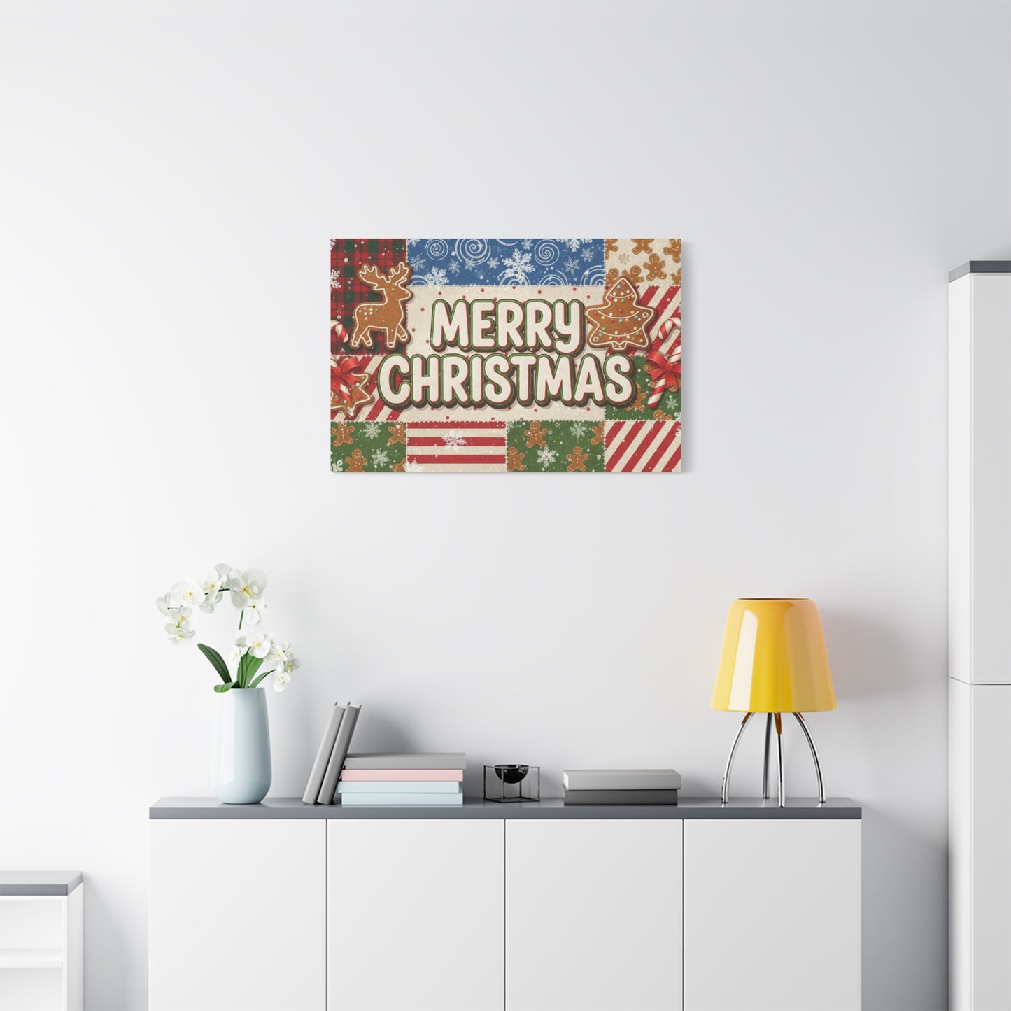 Merry Christmas Holiday Patchwork Canvas Wall Art — Festive Gingerbread & Reindeer
