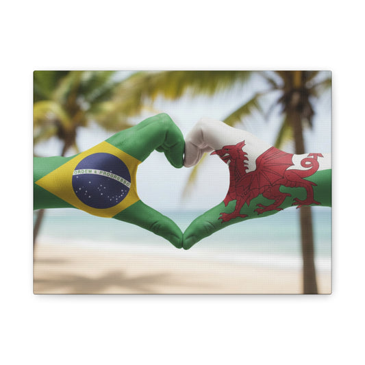 Brazil & Wales Flag Heart Matte Canvas Wall Art — Romantic Beach Pride Decor