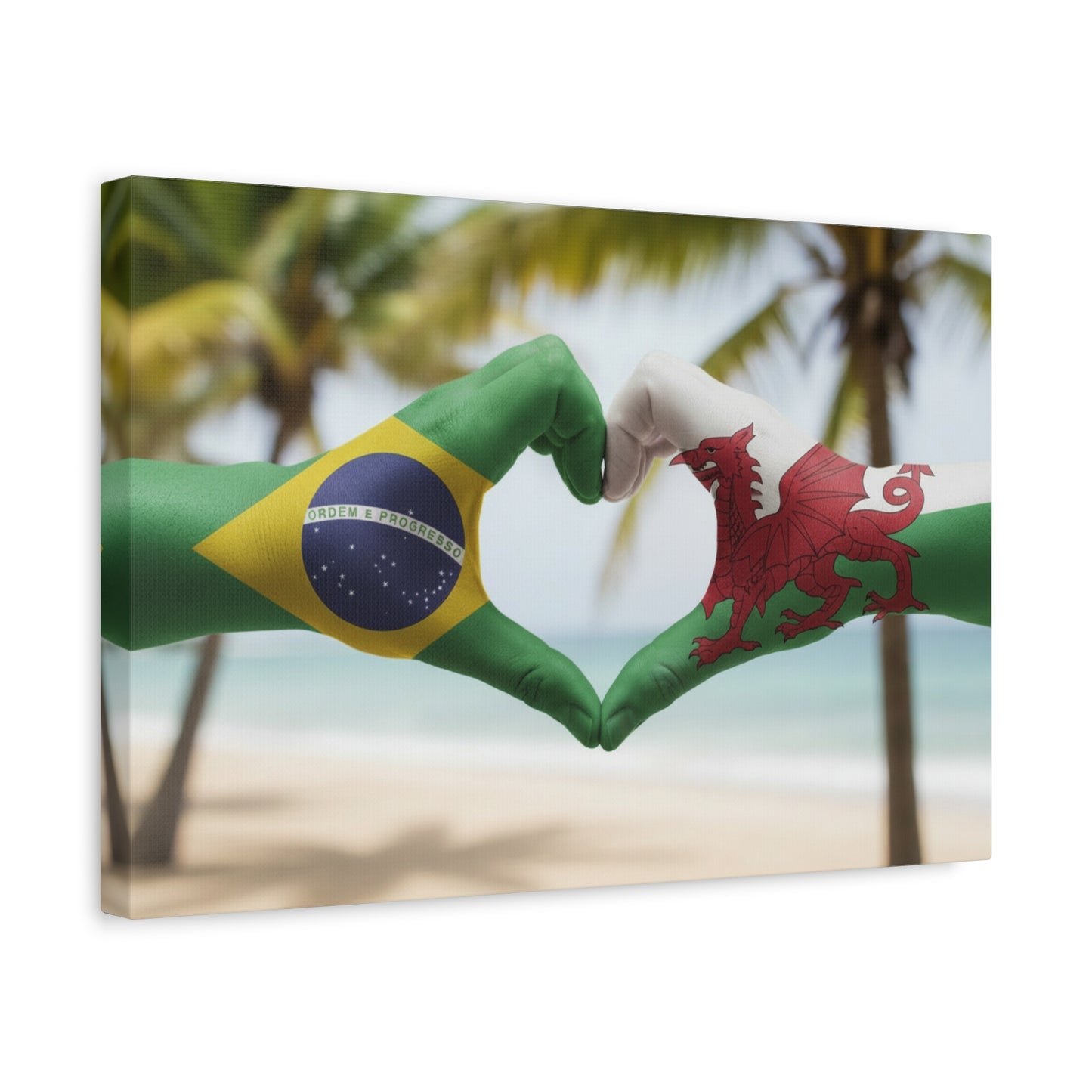 Brazil & Wales Flag Heart Matte Canvas Wall Art — Romantic Beach Pride Decor