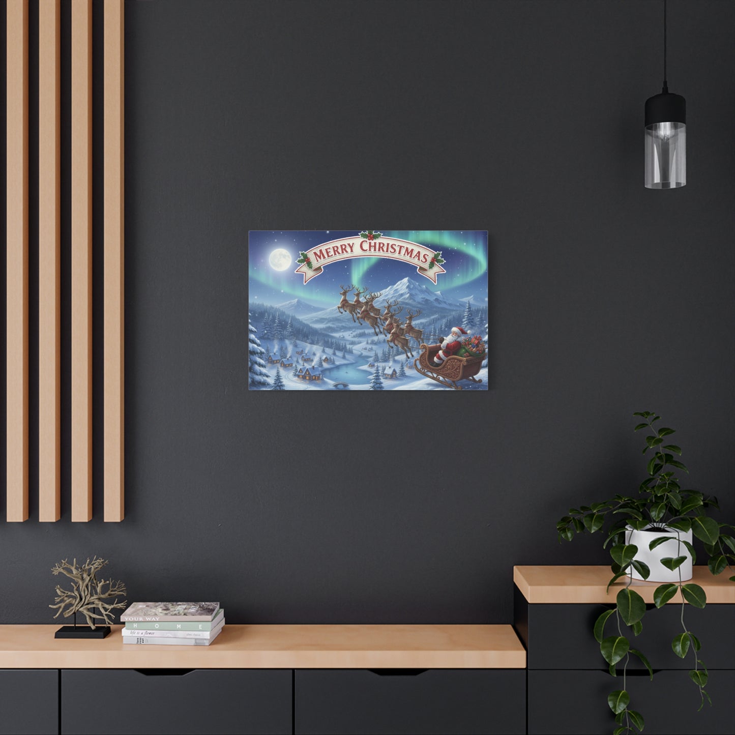 Merry Christmas Canvas Wall Art — Santa Sleigh over Snowy Village