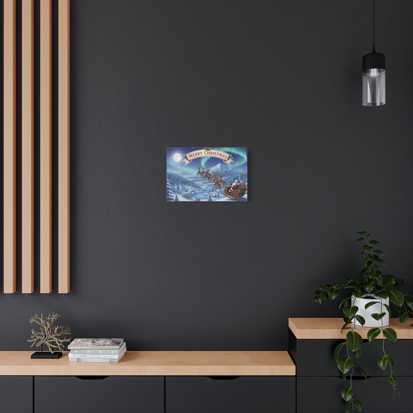 Merry Christmas Canvas Wall Art — Santa Sleigh over Snowy Village