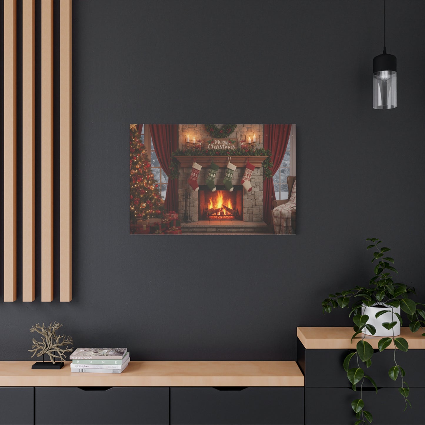 Christmas Fireplace Canvas Wall Art — 'Merry Christmas' Holiday Mantel Scene