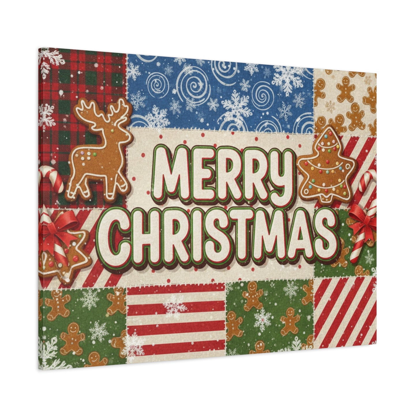 Merry Christmas Holiday Patchwork Canvas Wall Art — Festive Gingerbread & Reindeer