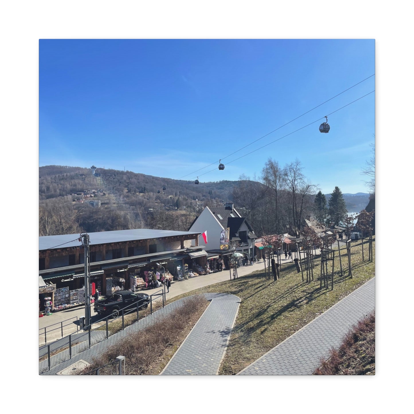 Resort Gondola Matte Canvas Wall Art — Mountain Village Landscape Print