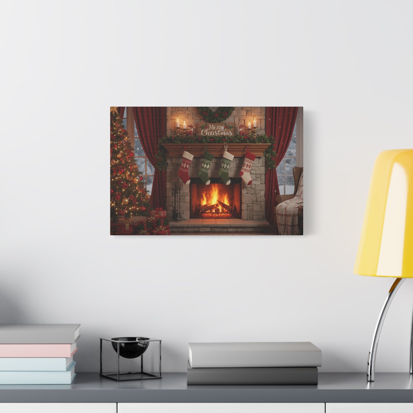 Christmas Fireplace Canvas Wall Art — 'Merry Christmas' Holiday Mantel Scene