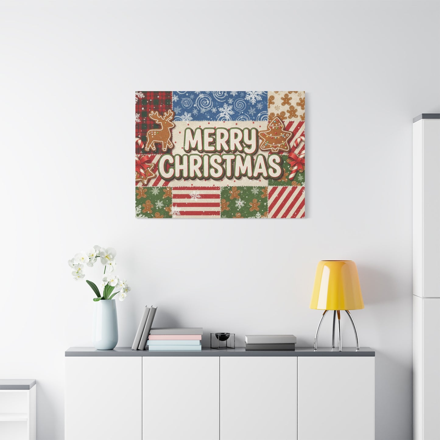 Merry Christmas Holiday Patchwork Canvas Wall Art — Festive Gingerbread & Reindeer