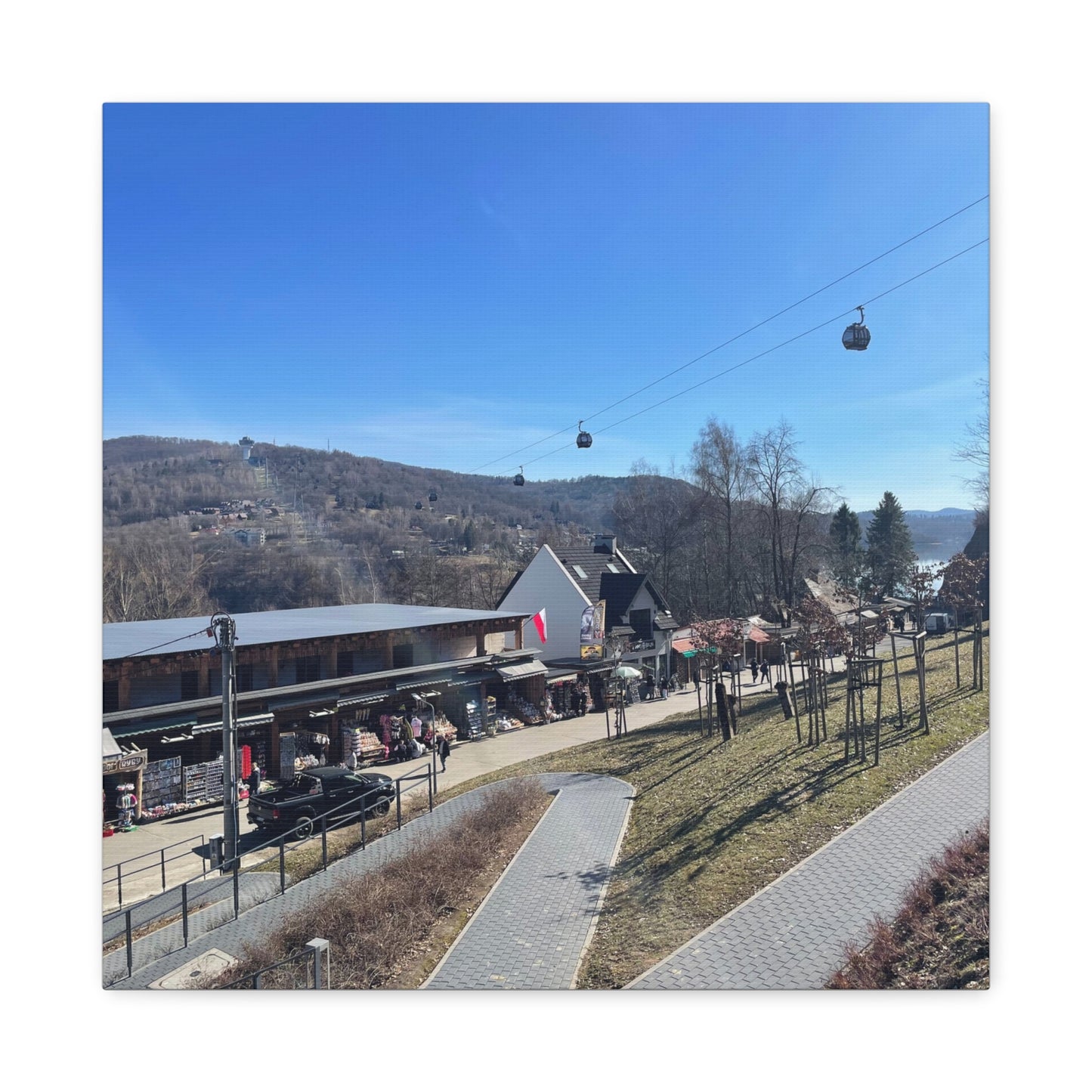 Resort Gondola Matte Canvas Wall Art — Mountain Village Landscape Print
