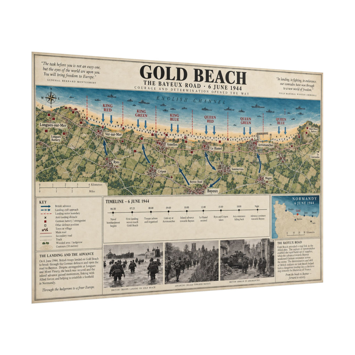 Gold Beach D-Day Map Poster — Rolled Historical Print (6 June 1944 Timeline & Photographs)