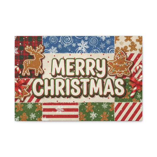 Merry Christmas Holiday Patchwork Canvas Wall Art — Festive Gingerbread & Reindeer