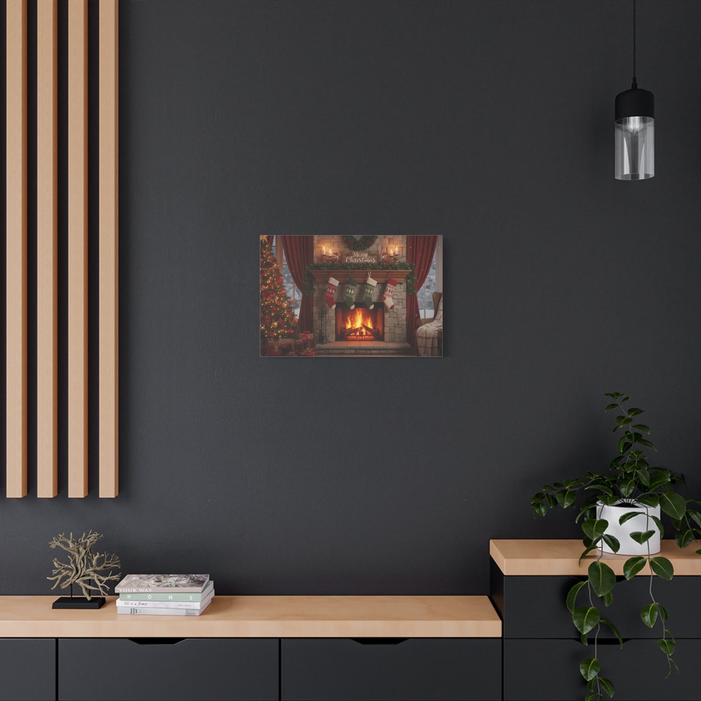 Christmas Fireplace Canvas Wall Art — 'Merry Christmas' Holiday Mantel Scene